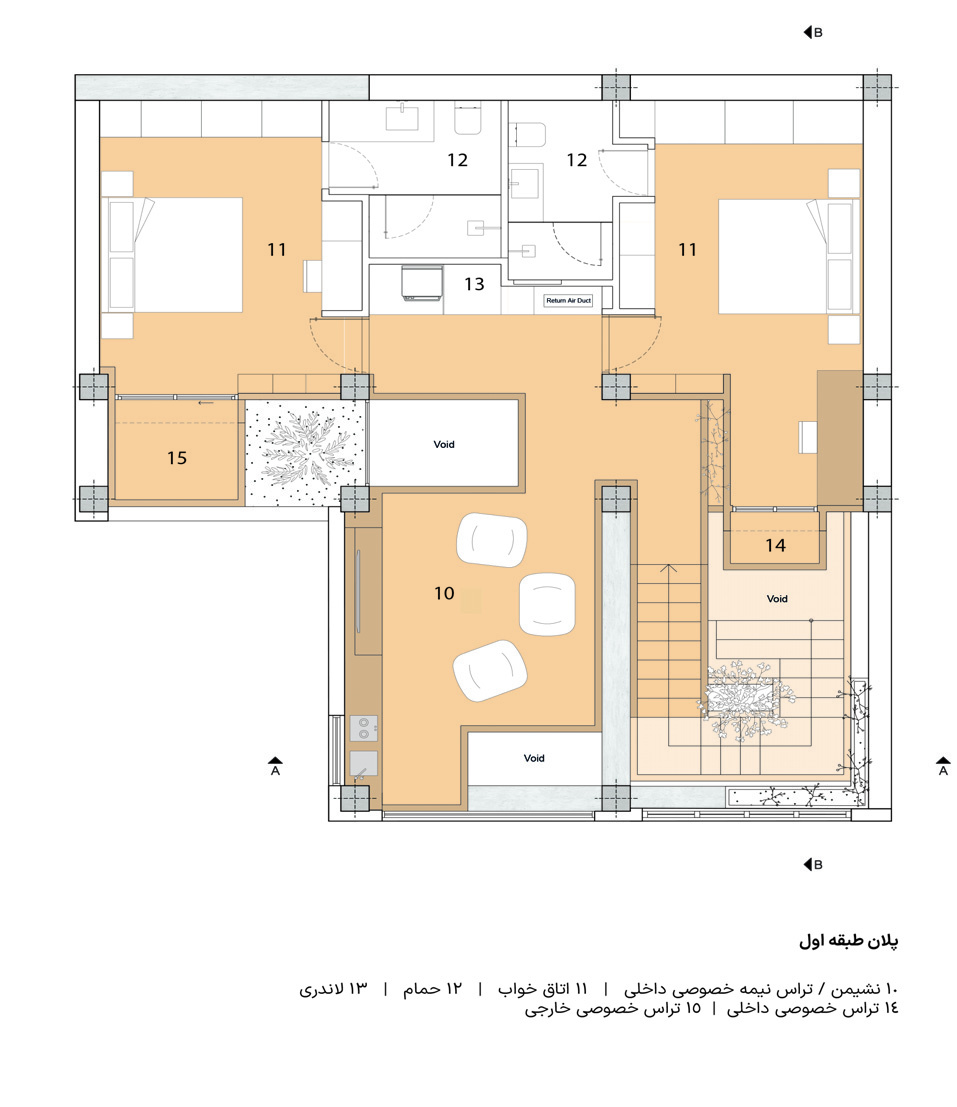 First floor plan showing the upper level with sitting area and semi-private terrace, two bedrooms, two bathrooms, laundry, private interior terrace, and private exterior terrace, with voids connecting to the ground floor