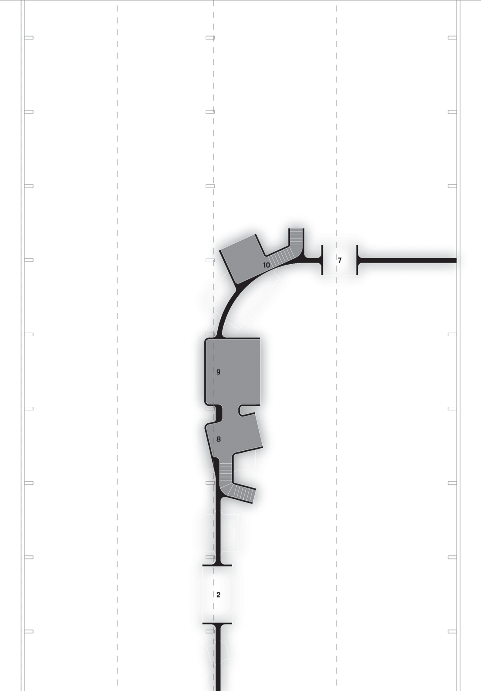 Architectural floor plan of the habitable wall showing numbered modules along the central axis between two factory sheds