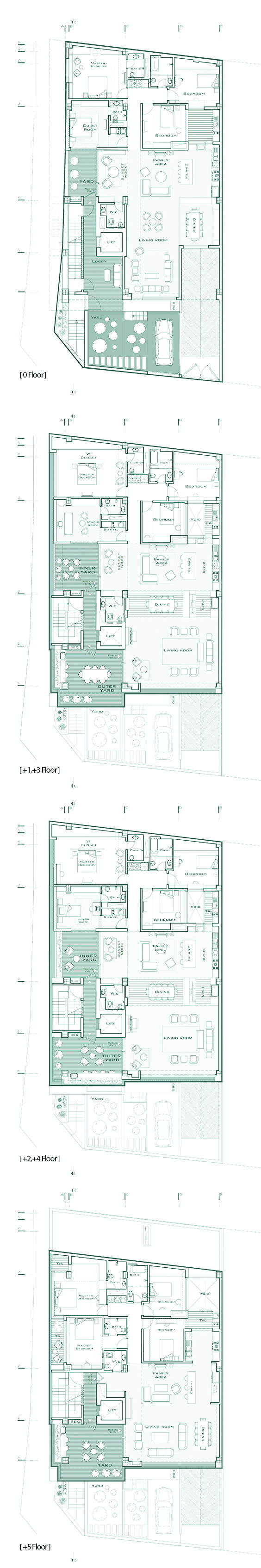 Floor plans for all levels: ground floor with parking and yard, floors 1 and 3 with inner yard and outer yard, floors 2 and 4 with inner yard and outer yard, and the penthouse floor 5 with expanded yard