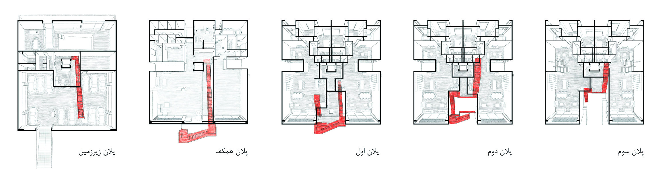 Five floor plans of Frenzy Stair from basement to third floor, with the staircase path highlighted in red on each level