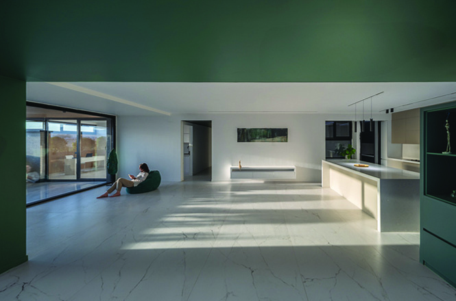 Living room with a green-painted ceiling continuing from the kitchen volume, a woman reading on a green beanbag by the glass door, the kitchen island visible in the background