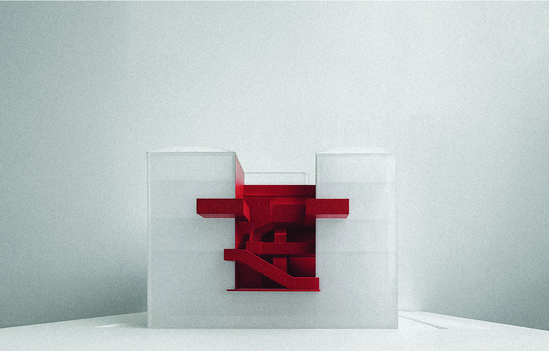 Architectural maquette of Frenzy Stair &mdash; the stair element rendered in deep red within a translucent white building volume