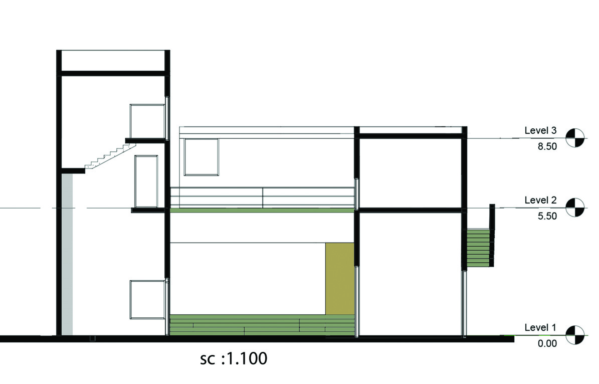 Architectural section drawing A showing three levels of the building at scale 1:100, with Level 1 at 0.00, Level 2 at 5.50, and Level 3 at 8.50