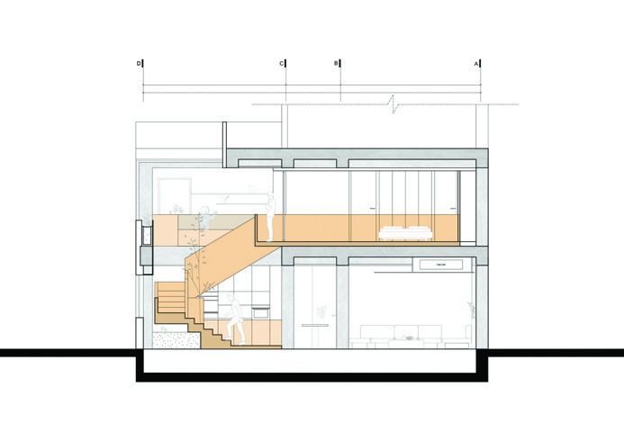 Architectural section A showing the duplex apartment with wooden staircase volume, double-height void, and upper-floor bedrooms