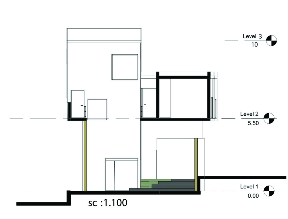Architectural section drawing B showing three levels at scale 1:100, with Level 1 at 0.00, Level 2 at 5.50, and Level 3 at 10.00