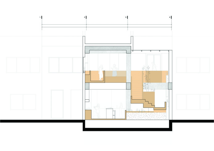 Architectural section B showing the duplex apartment from the perpendicular direction, with concrete columns, wooden volume, and skylights