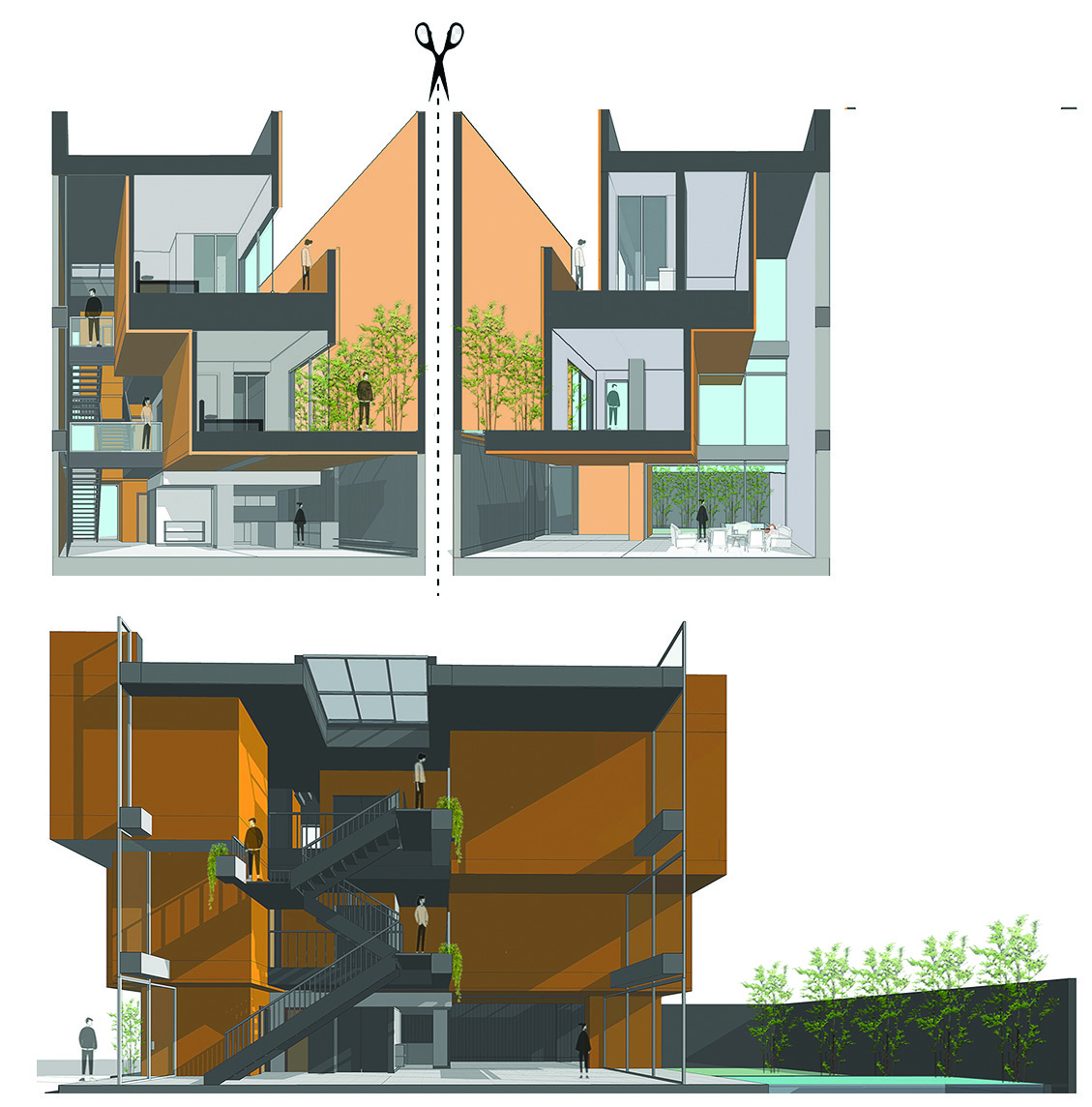 Architectural cutaway section and elevation drawing of Nim Rokh showing the stepped three-floor interior with orange-toned walls, staircase, and greenery