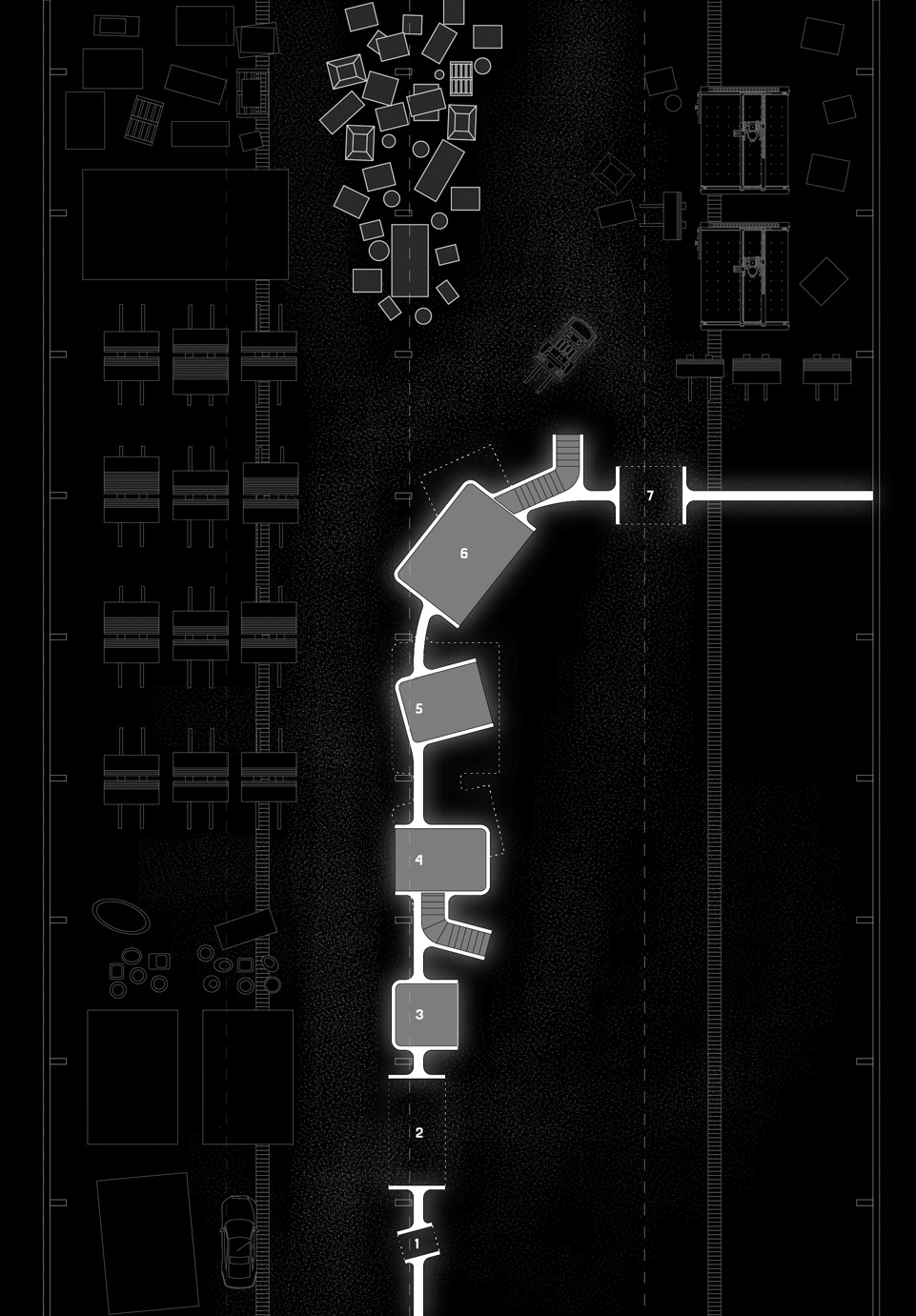 Dark site plan showing the stone factory layout with the habitable wall glowing white at centre, numbered modules 1 through 7, factory machinery on both sides