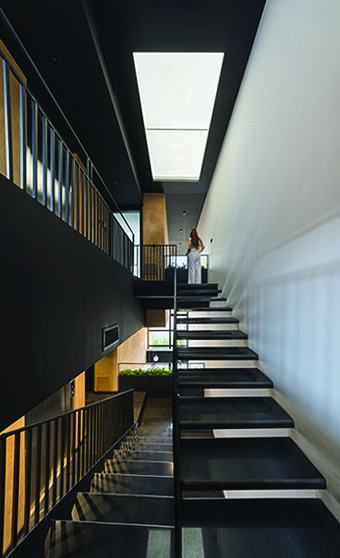 View looking up the staircase toward a skylight, dark steel treads with bright white risers against a dark wall