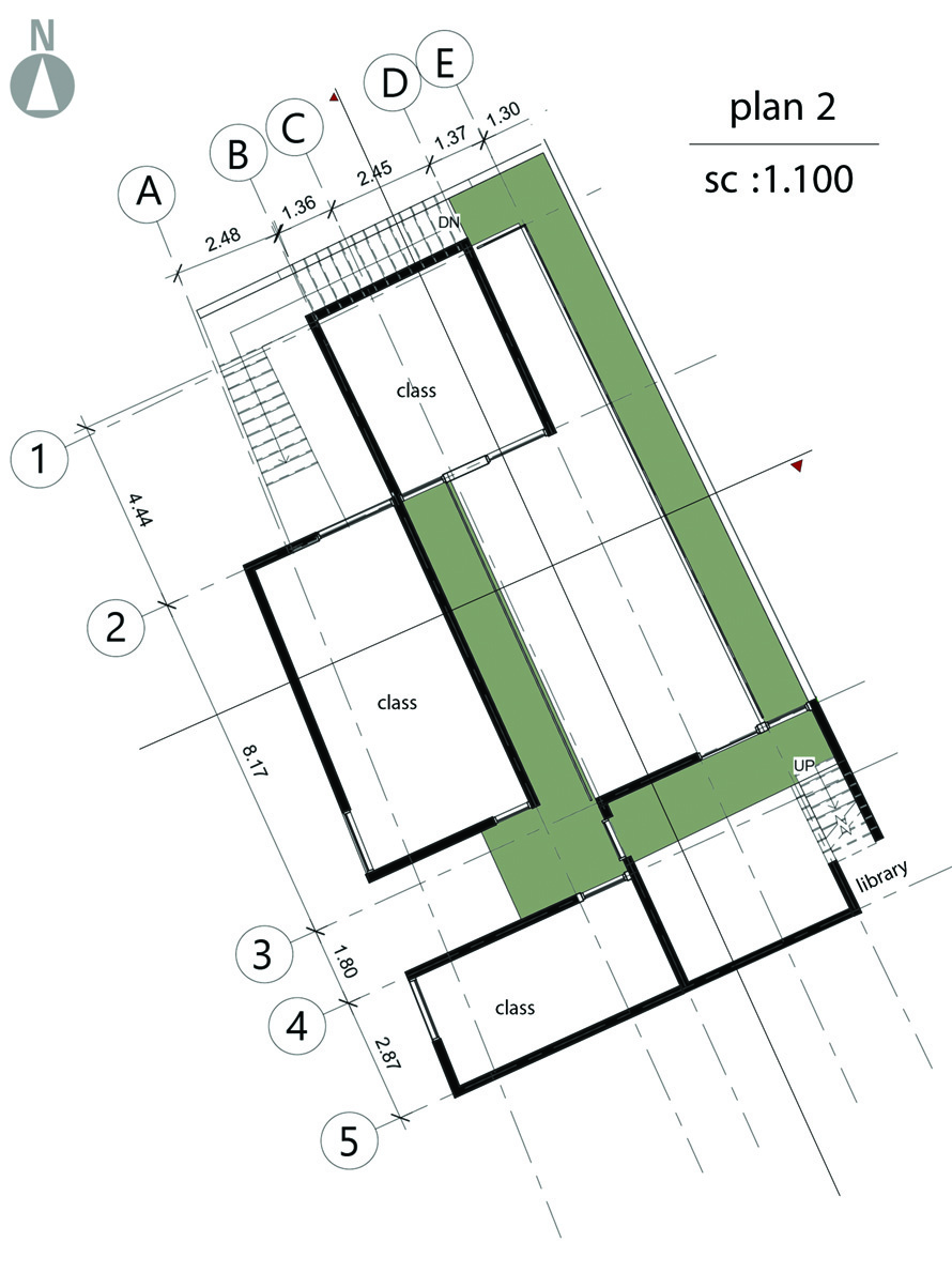 Upper floor plan (Plan 2) at scale 1:100 showing three classrooms, library, and corridor circulation with dimensions