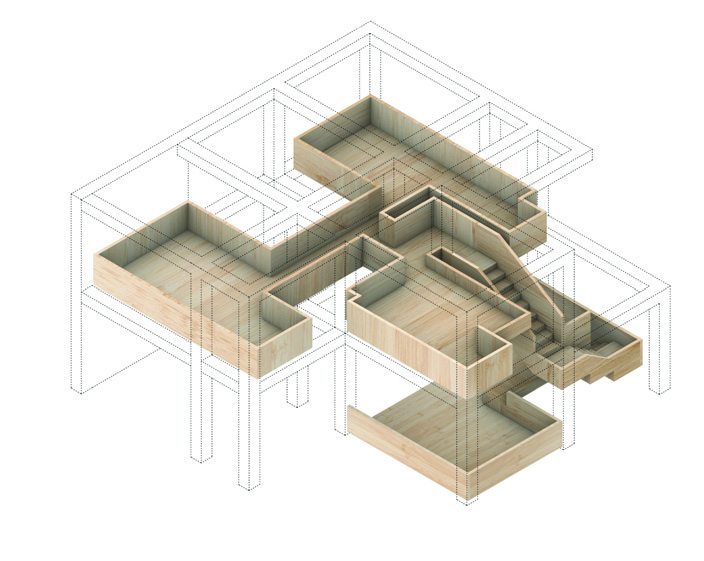 Axonometric drawing of the wooden volume element in isolation, showing how it wraps through both floors as a continuous sculptural piece connecting stairs, seating, terraces, and planters