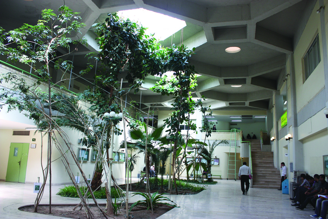 Interior atrium of the Faculty of Agriculture with tropical plants and skylight