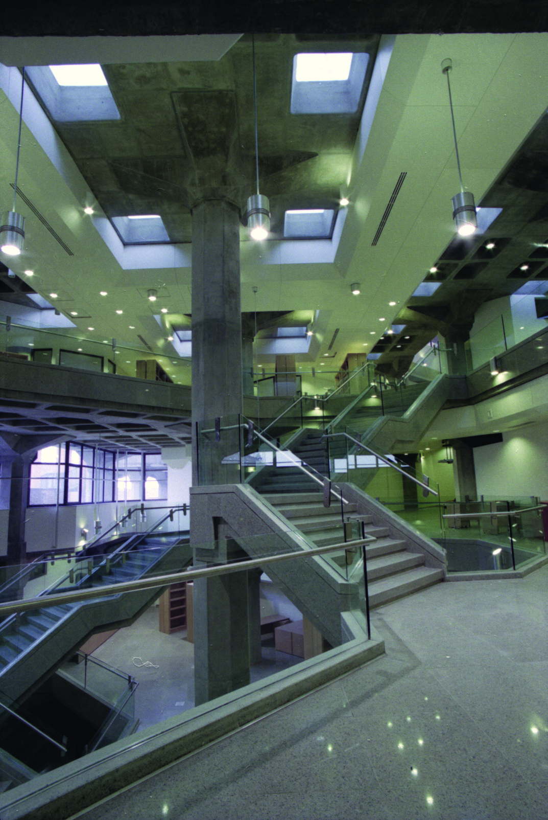 Interior staircase and atrium with skylights at the National Library