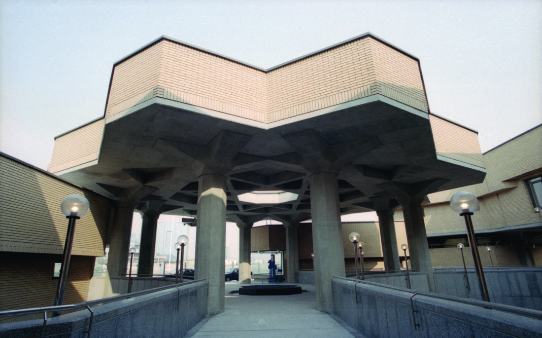 National Library of Iran entry portico with sculptural concrete column capitals