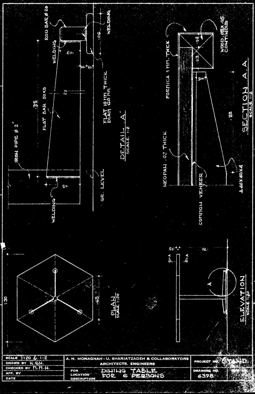 Drawing of six-person dining table, Yousef Shariatzadeh