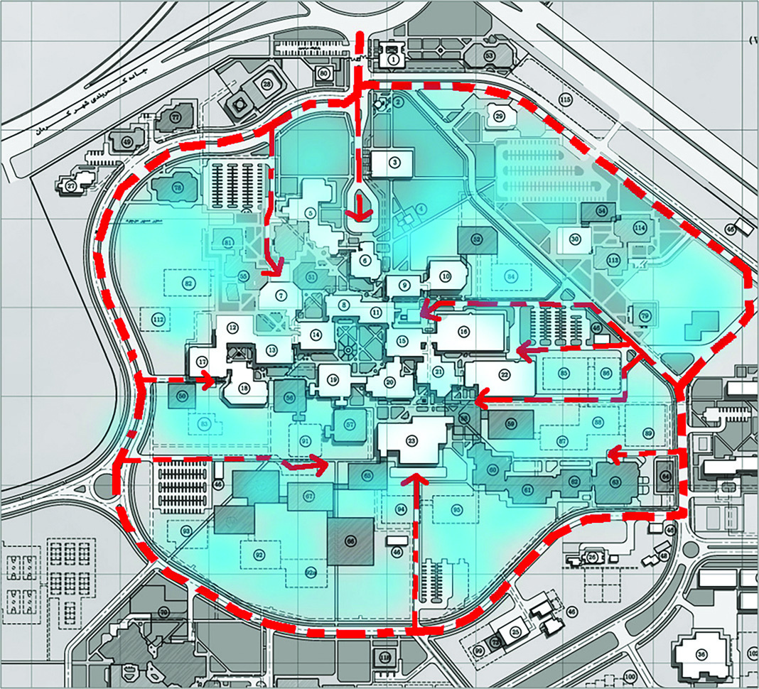 Campus vehicular circulation plan showing ring road and emergency access routes