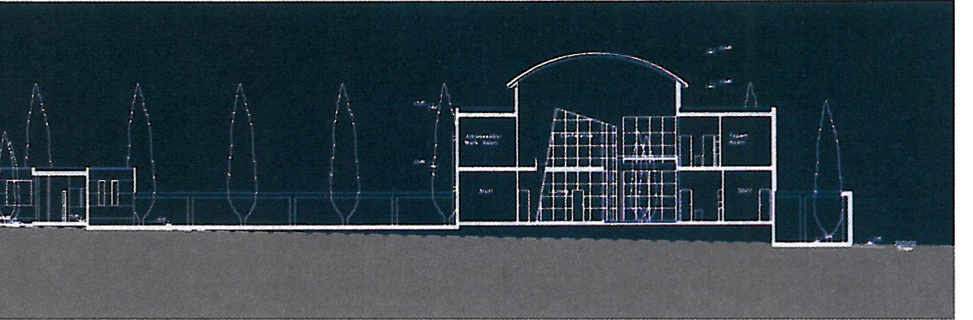 North and south model elevations: a horizontal volume, light-coloured façades, and the rhythm of the horizontal screens