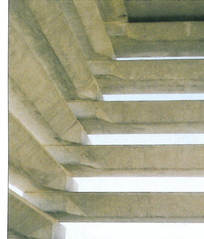 Long section, looking east: the principal column and the secondary 7-metre trusses