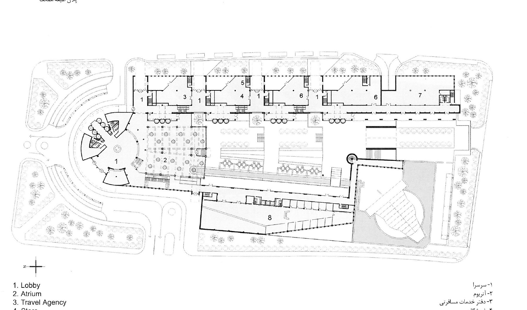 Ground floor plan — Entry 1, with numbered key (Lobby, Atrium, Travel Agency, Store, Barbery, Shop, Super Market, Bank)