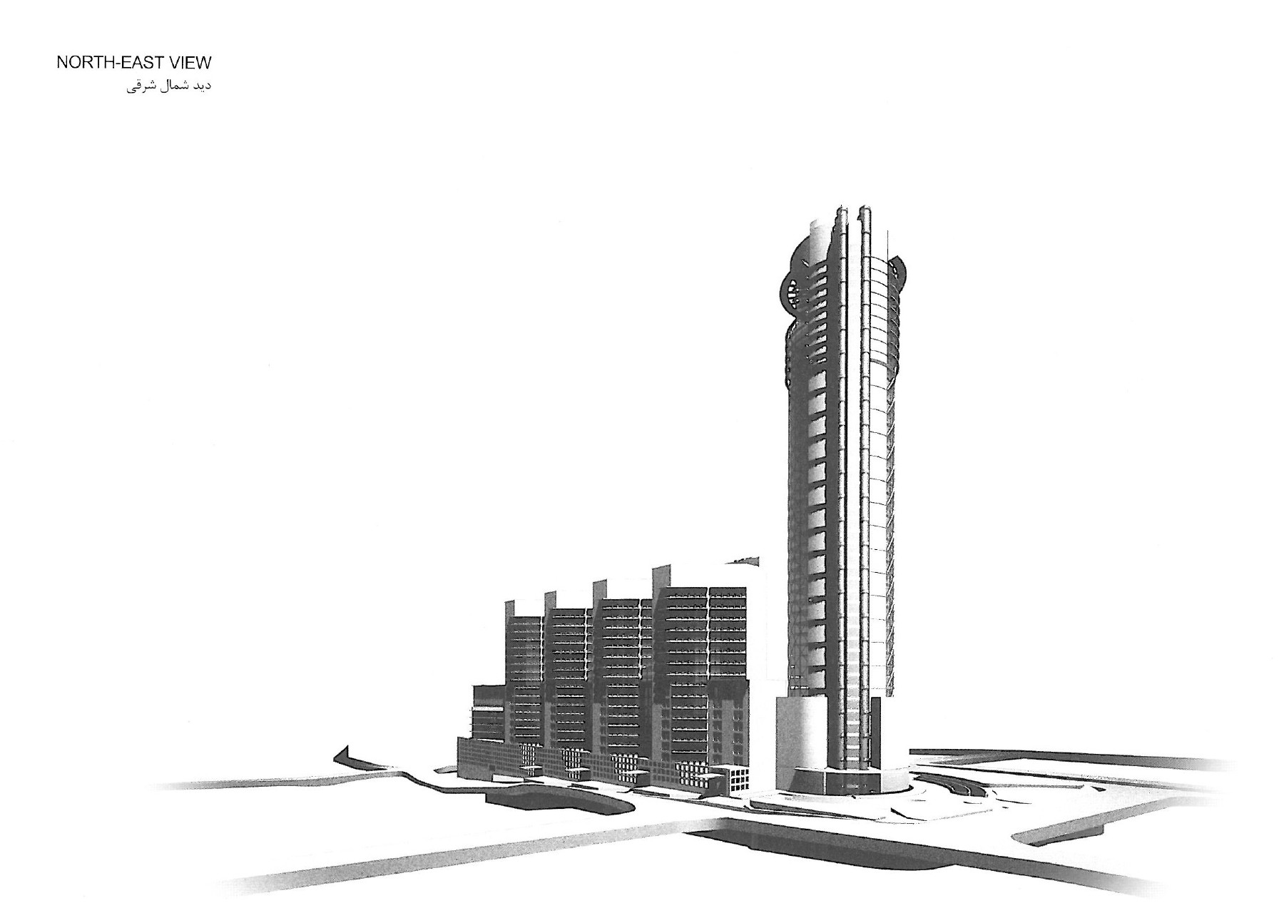 North-east view — Entry 1, aerial perspective of the complex
