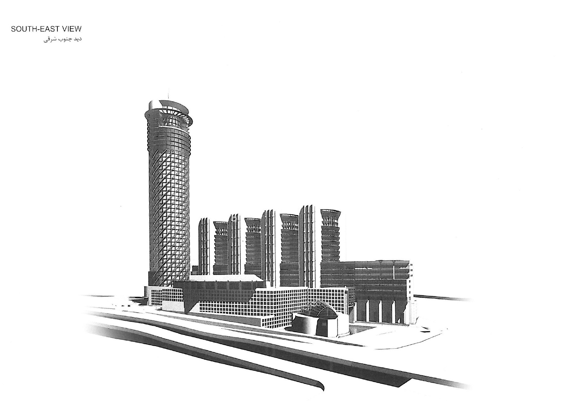 South-east view — Entry 1, aerial perspective of the complex