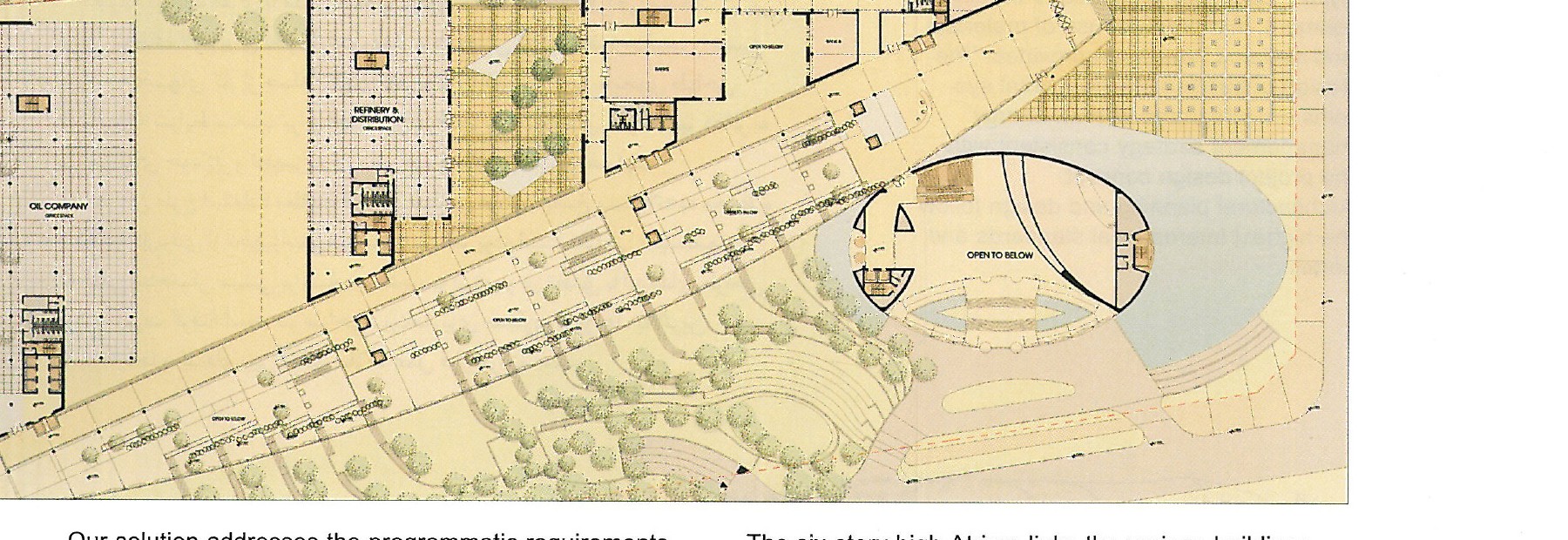 Entry 2 — aerial site plan showing the five oil-company buildings arrayed along the atrium spine