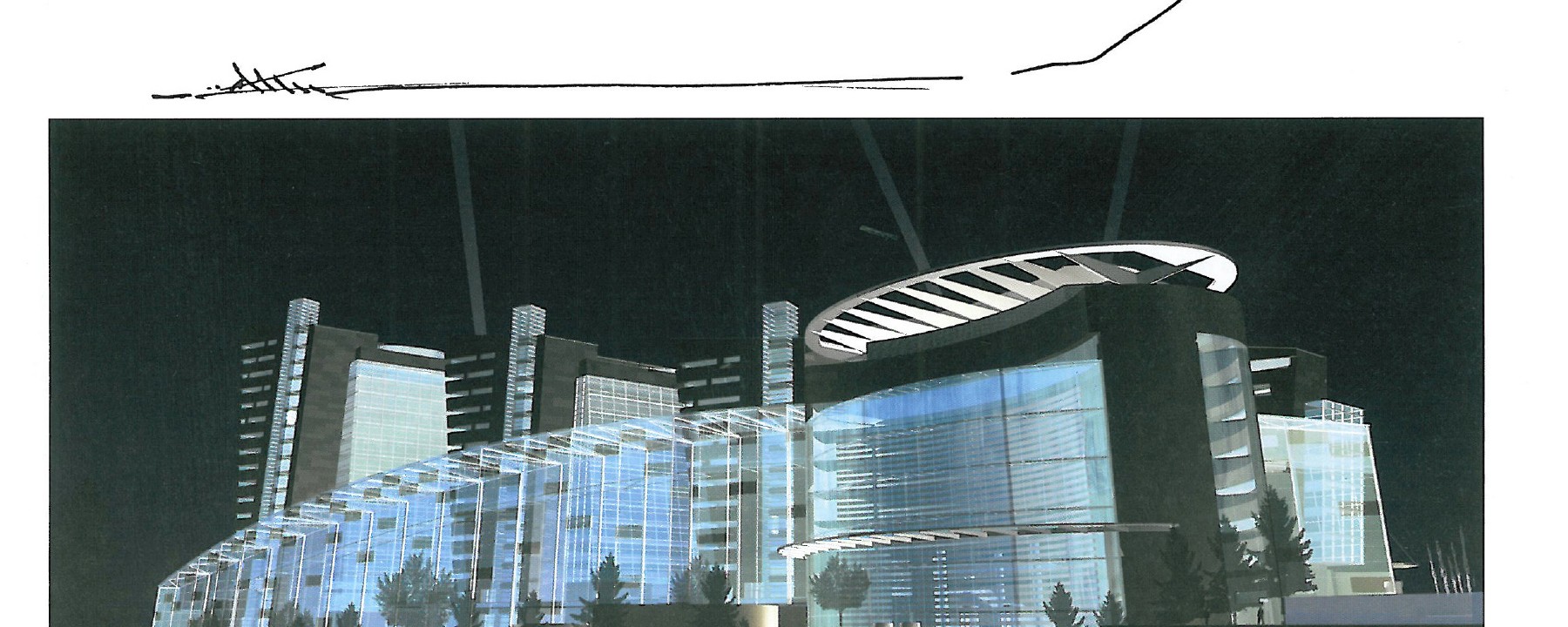 Entry 2 — night view of the principal entrance, with polished Iranian granite and unitised aluminium