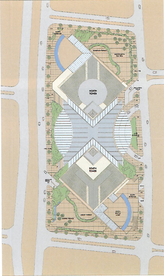 Entry 4 — aerial view of the site with the four parallel building bars