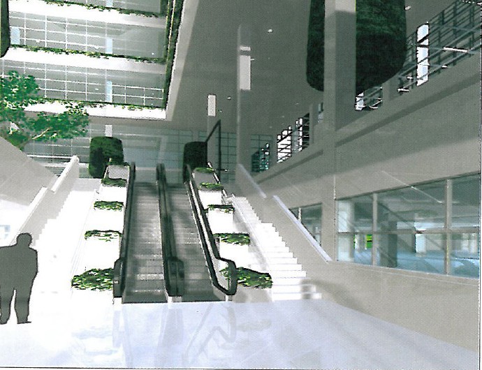 Entry 7 (Sinam + S.E.T.E.C) — interior atrium with escalator and planted edges (top-left of layout)