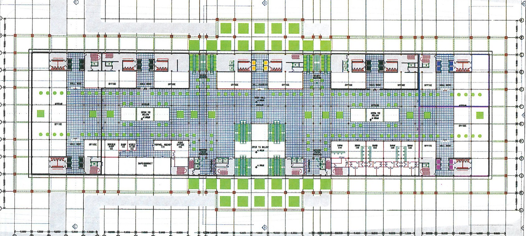 Entry 7 — overall floor plan showing the structural grid and central courtyard with green planting