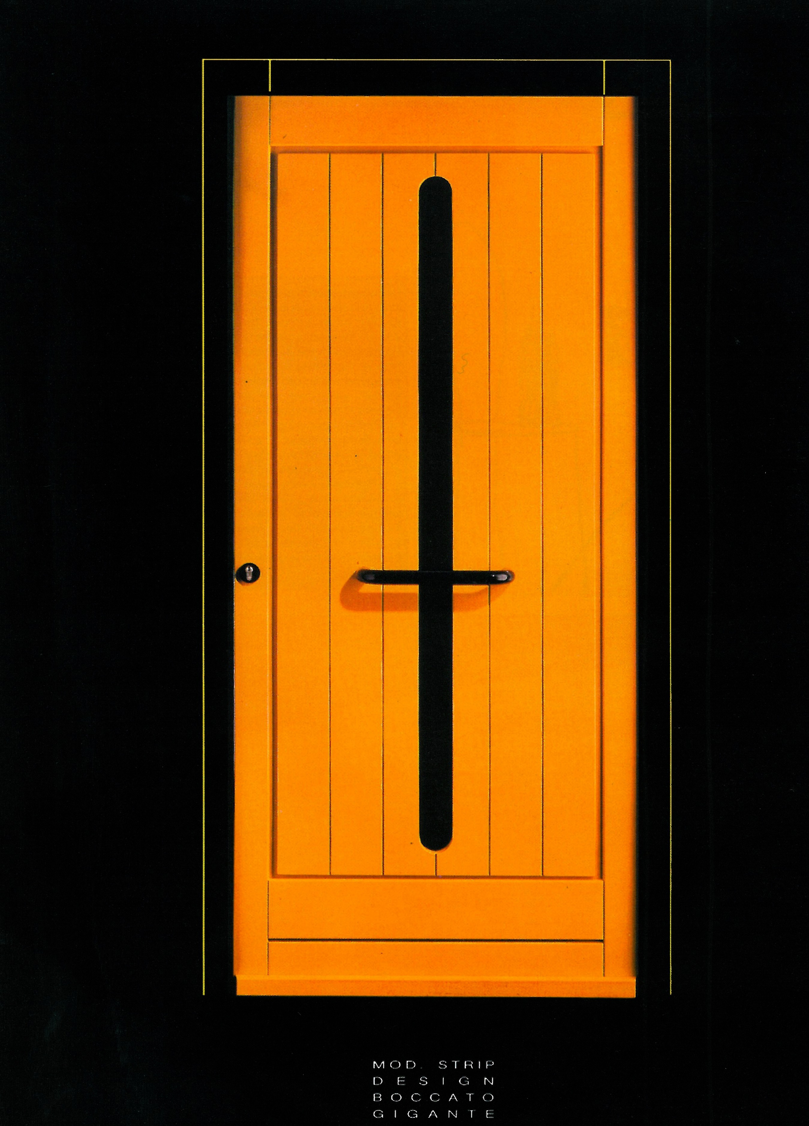 Advertisement for the orange Mod Strip wooden door, designed by Boccato Gigante