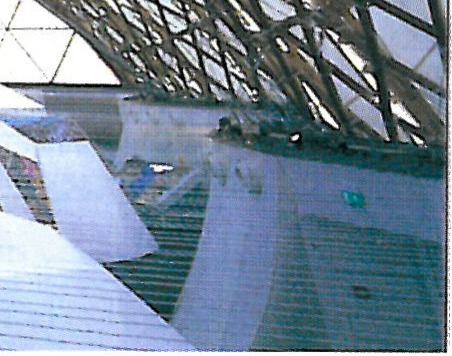 Section through the plaza and planetarium, showing the disc-shaped roof rising over the sunken reading hall