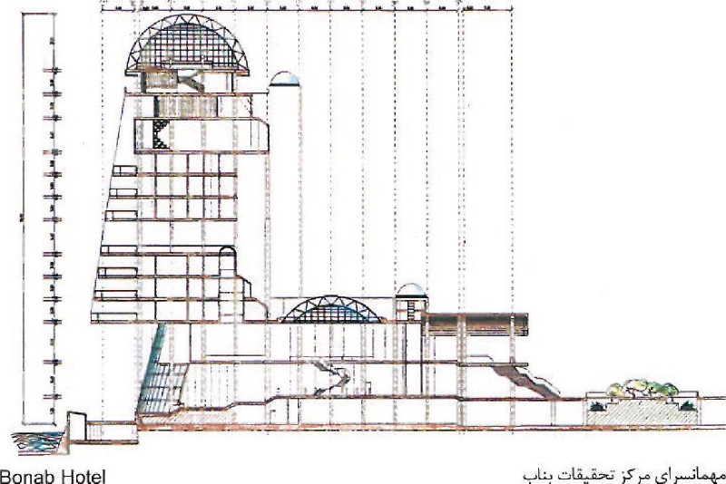 Hand-drawn elevation of the Bonab Cement Research Centre Hotel