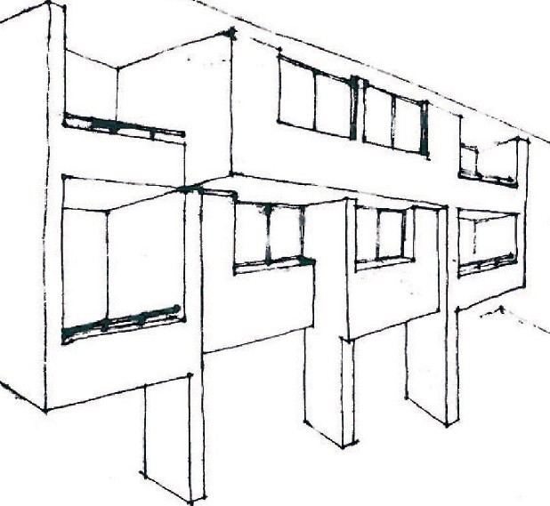 Hand-drawn axonometric sketch of the Zaferanieh house