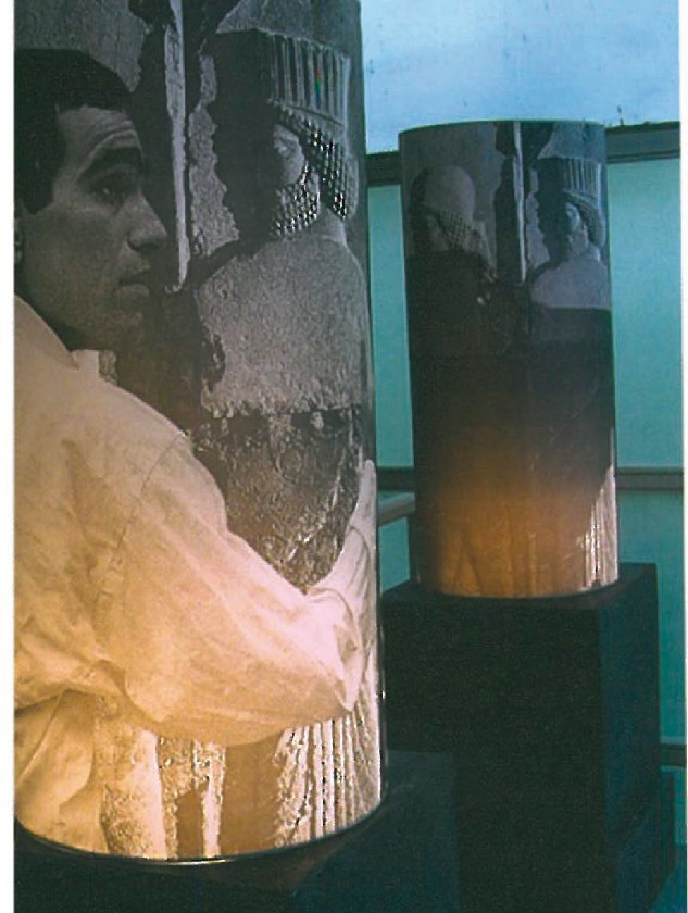 Joint project by Sadegh Tirafkan and Fereydoun Ave: tall column lamps with jet-ink-spray Persian portraits printed on tracing paper, mounted on raw metal bases