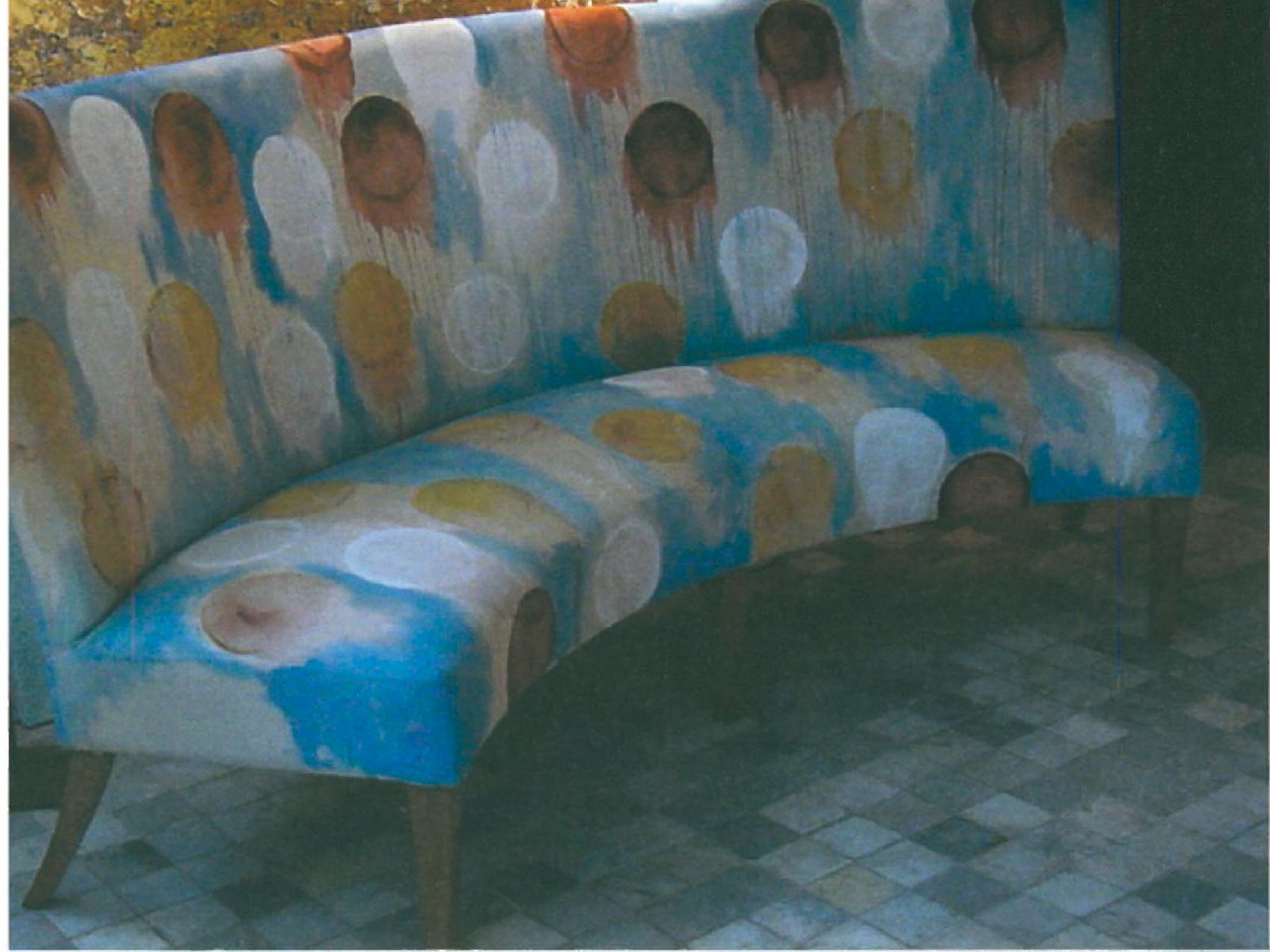 High-back curved sofa upholstered in raw canvas hand-painted by Fereydoun Ave with circular and floral motifs