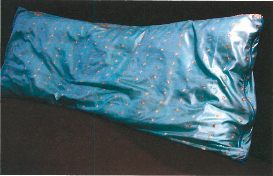 Close-up of a turquoise cushion with white pattern resting on furniture