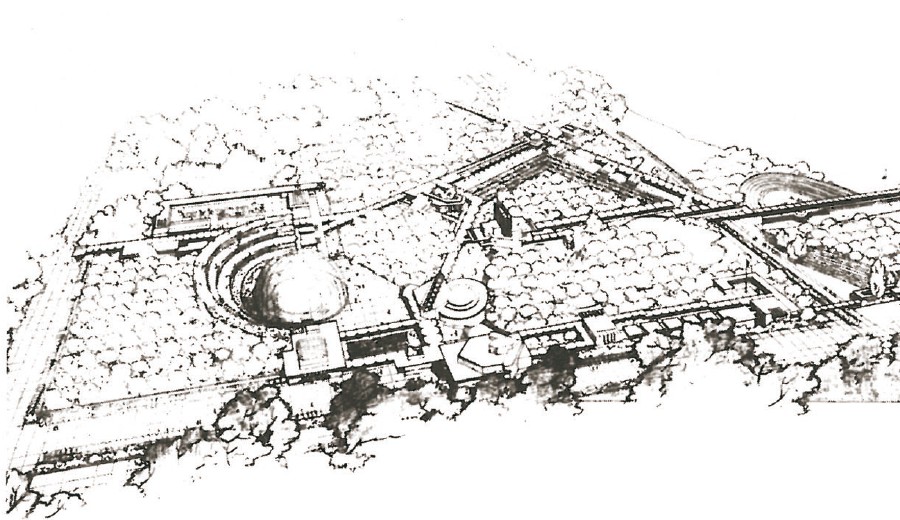 Frank Lloyd Wright's master plan rendering for Florida Southern College — irregular hexagonal and quadrilateral pavilions linked by covered esplanades, with a circular water dome to the left.