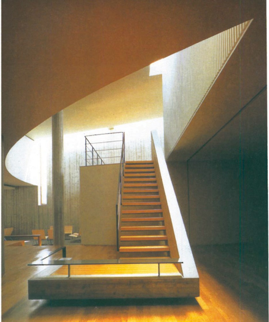 Lobby and stair for the waiting spaces at the Kaze-No-Oka crematorium, framed in concrete and natural light