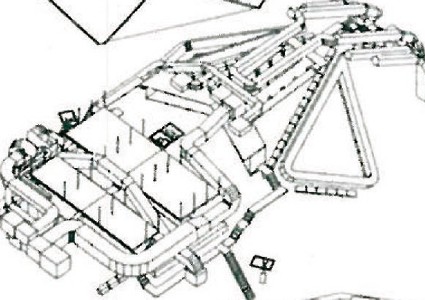 Shaded axonometric drawing of the Toyama main hall