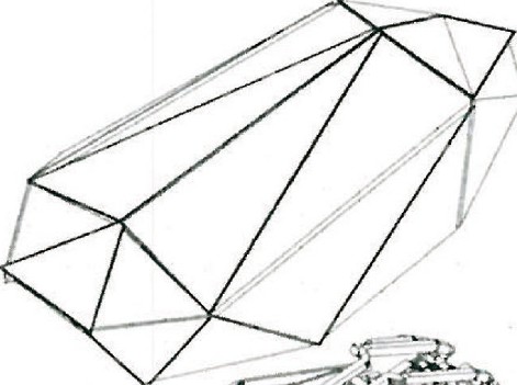Wireframe axonometric drawing of the public passage connecting the three buildings of the Toyama complex