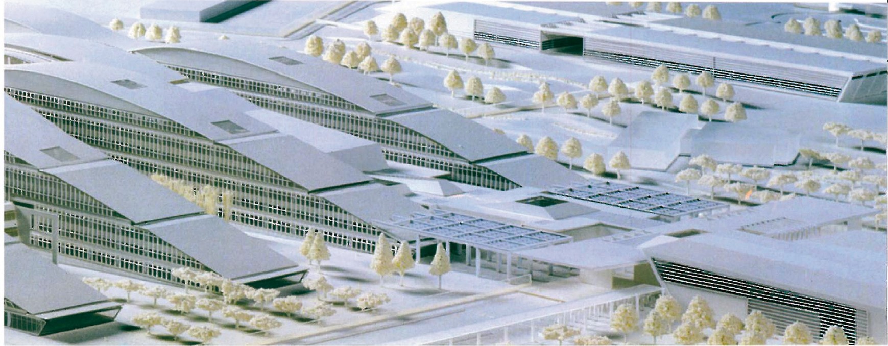First-place scheme by SOM London with ASSAR Belgium: wide aerial view of the model showing the multiple low-rise office bars connected by a central hall (winning entry).