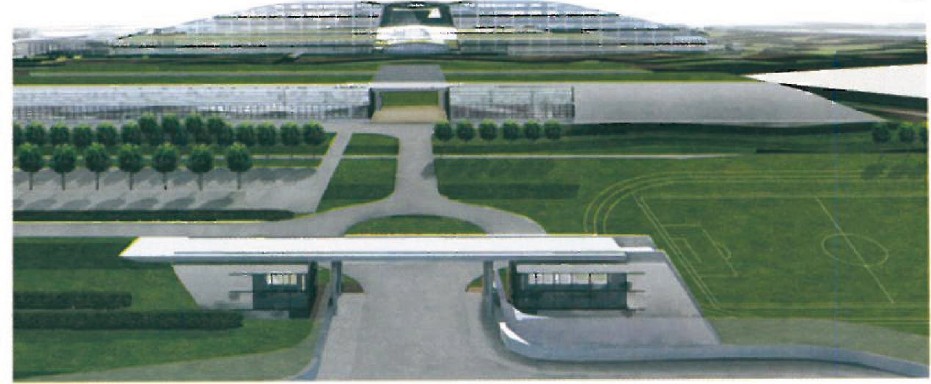 First-place scheme by SOM/ASSAR: exterior render of the approach to the new NATO headquarters, with the long office bars set behind a landscaped foreground and a guard pavilion on the access road.
