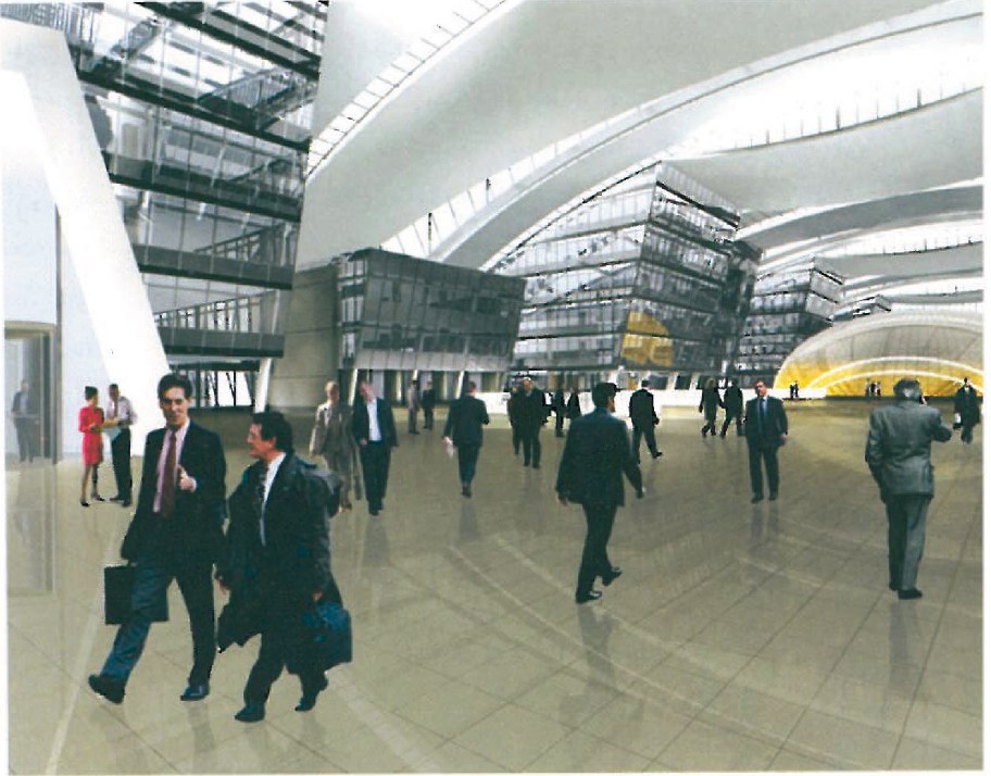 First-place scheme by SOM/ASSAR: interior render of the central hall, with curved structural ribs spanning above a glazed multi-storey volume and delegates moving across a polished floor.