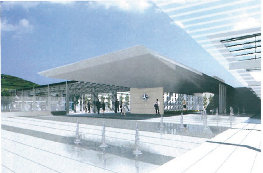First-place scheme by SOM/ASSAR: exterior render of an entrance pavilion beneath a wide flat canopy, framed by reflecting pools and bearing the NATO star at the threshold.