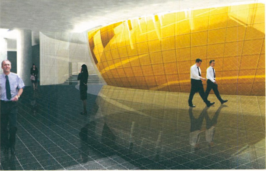First-place scheme by SOM/ASSAR: interior render of a curved yellow sculptural volume rising through the lobby of the new headquarters.