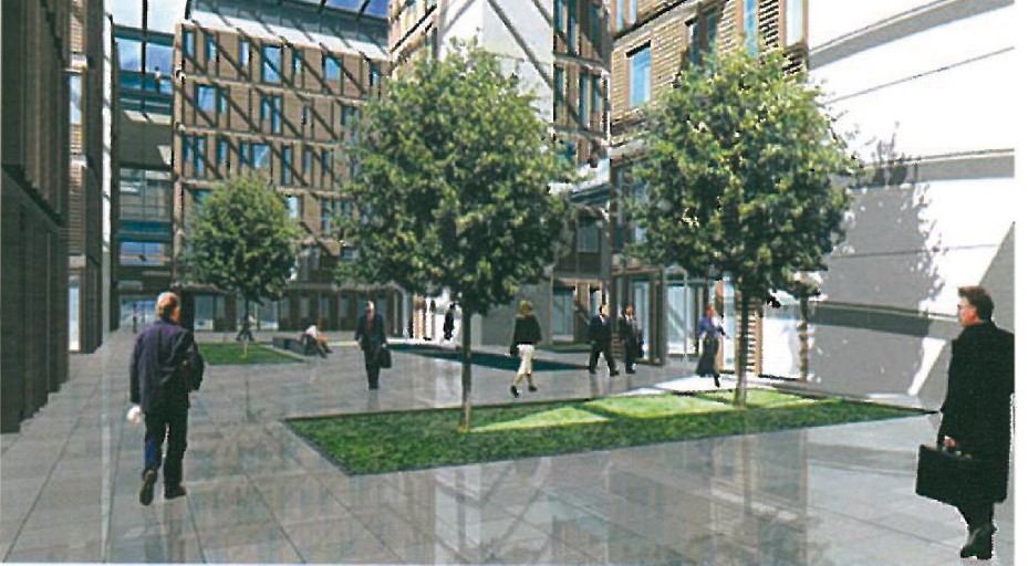 Second-place scheme: ground-level oblique render of the facade, showing the rhythmic glazed bays of the office wings meeting the public plaza.
