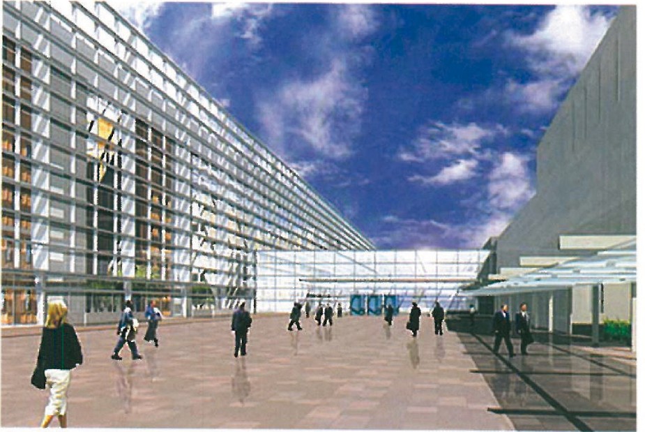 Second-place scheme: exterior plaza view of the new headquarters, with a long rectangular glass-and-louvre office bar to the left and delegates crossing a paved forecourt.