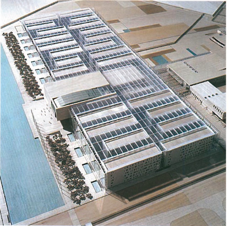 Second-place scheme: oblique aerial render of the roof composition, with rectangular glass-clad office wings projecting from a long base building.