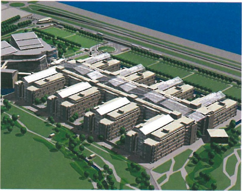 Third-place scheme by Koetter, Kim and Associates: aerial render of the proposed NATO complex set in a landscape of mature trees beside a waterway, with the existing NATO building to the upper left.